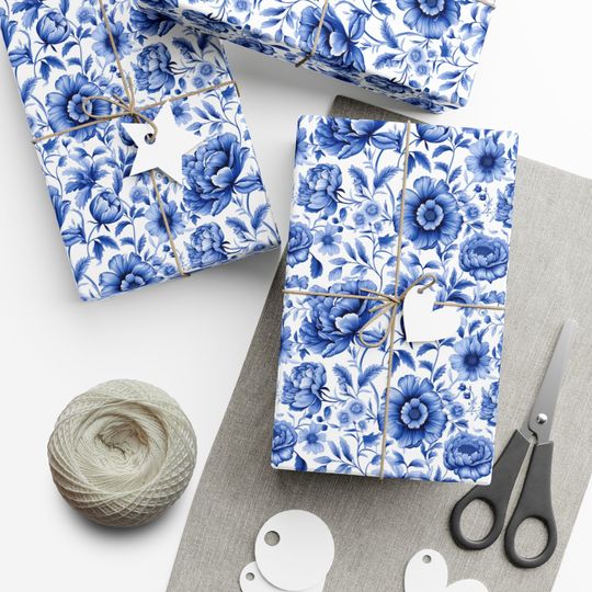 Discover Blue Toile Floral Wrapping Paper