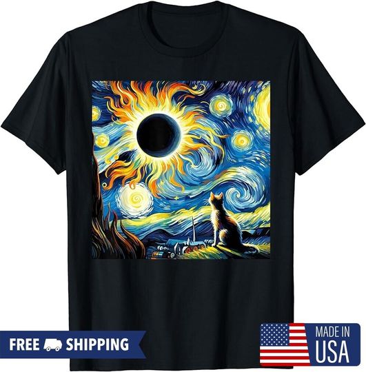 Discover Total Solar Eclipse 2024 Van Gogh Starry Night Cat Men  T-shirt