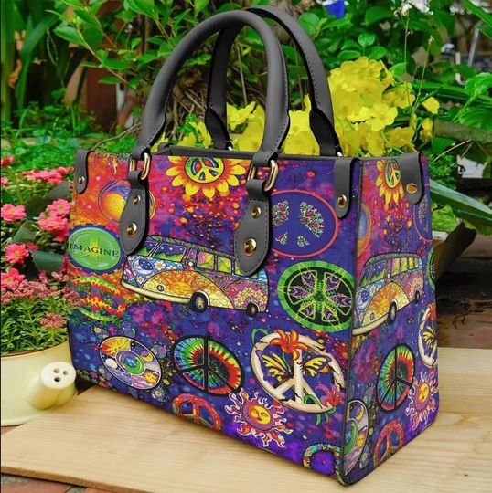 Discover Hippie Peace Bus Colorful Leather Bag hand bag,Hippie Lover's Handbag