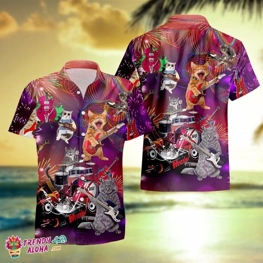 Discover Rocker Cat Hawaiian Shirt for Rock Band Fans, For Animal Lovers