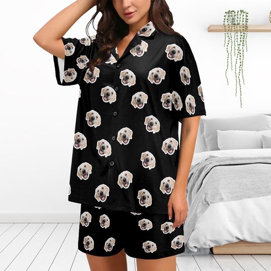 Discover Pajamas with Pet Face, Women's Short Pajama Set with Dogs Cats Faces, Custom Dog Pajamas