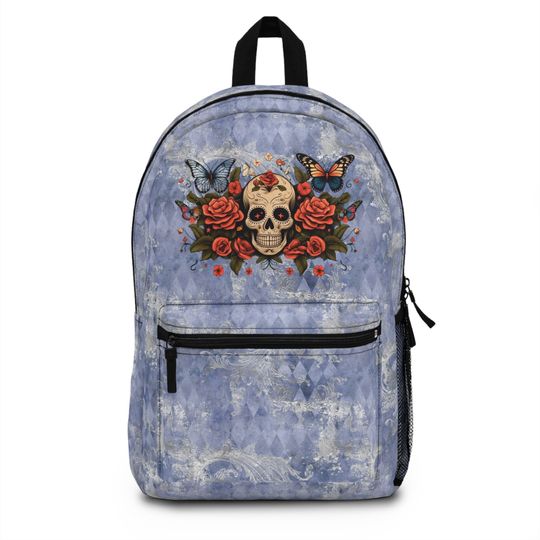Discover Vintage Blue Diamond Floral Skull Roses and Butterfly