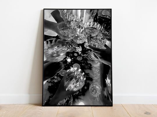 Discover Cheers Print, Black and White Art, Champagne Poster, Cocktail Printx