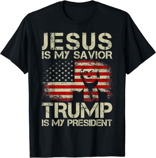 Discover Jesus Is My Savior Trump Is My President Trump 2024 USA Flag T-Shirt