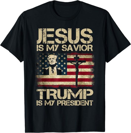 Discover Jesus Is My Savior Trump Is My President Trump 2024 USA Flag T-Shirt