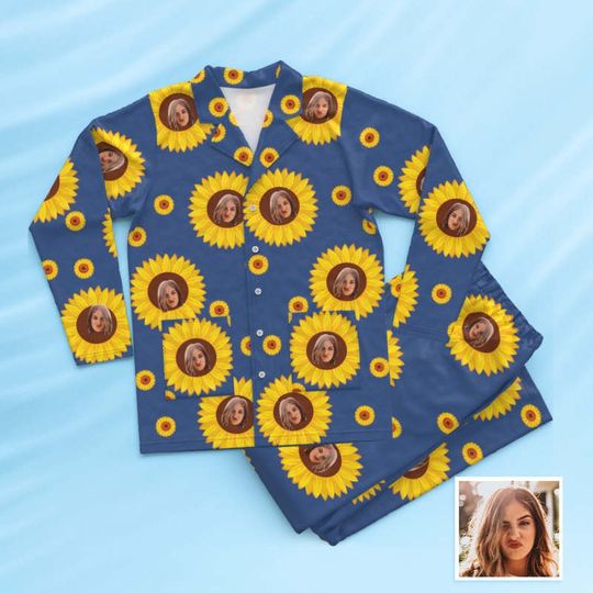 Discover Custom Face Long Sleeve Button Down Sleepwear Personalized Photo Blue Pajamas Sunflowers