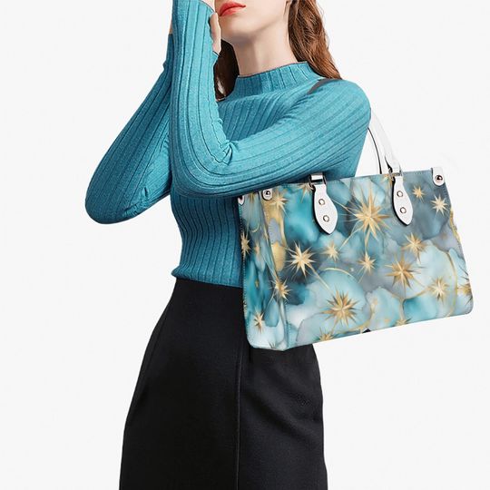 Discover Turquoise Celestial Stars Tote Purse, Blue Green Unique Artistic Handbag Vegan Leather Bag