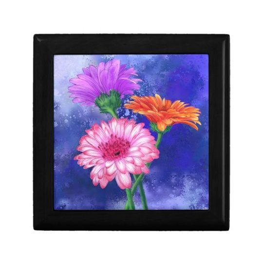 Discover Gorgeous Three Color Gerberas - Migned Art Drawing Wooden Jewelry Keepsake Boxes