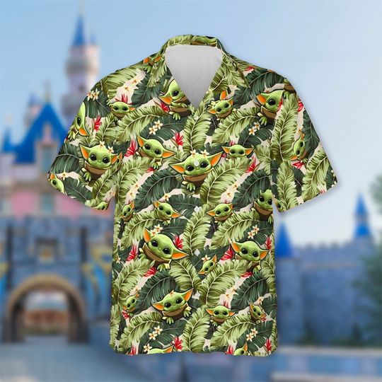 Discover Lost In Forest Hawaiian Shirt, Baby Alien Aloha Shirt, Palm Tree Alien Button Up Shirt