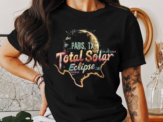Discover Paris, TX 2024 Total Solar Eclipse T-Shirt, Colorful Eclipse Graphic