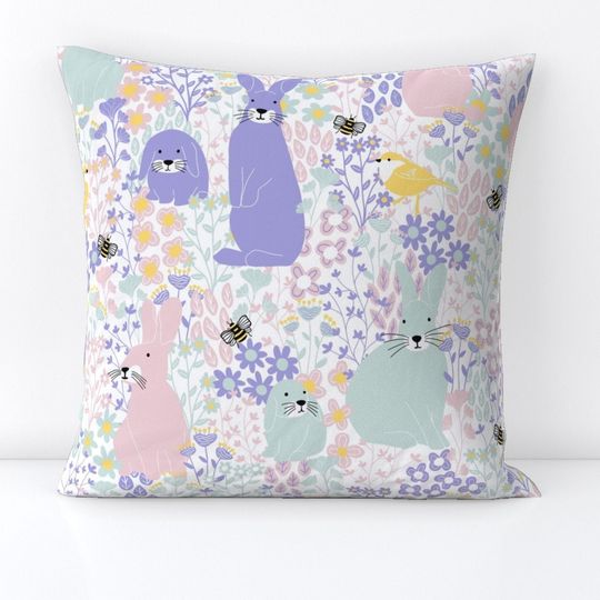 Discover Easter Garden Throw Pillow - Pastel Spring Bunnies Throw Pillows