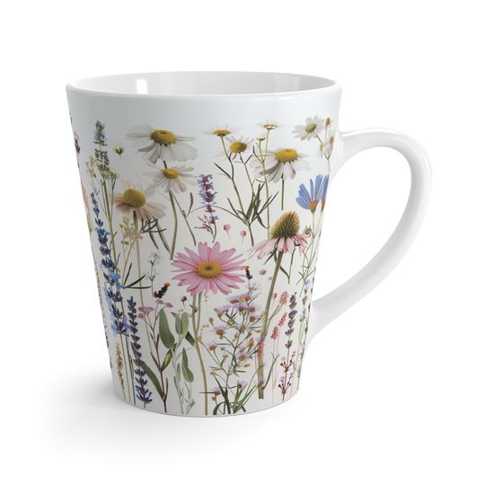 Discover Boho Wildflower Latte Mug, 12 oz Mug, White Background