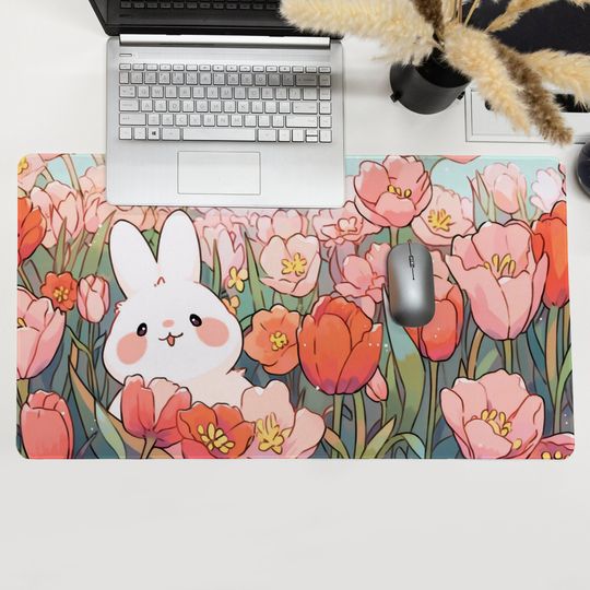 Discover Cute Pink Flowers Desk Mat, Cartoon Bunny Desk Mat