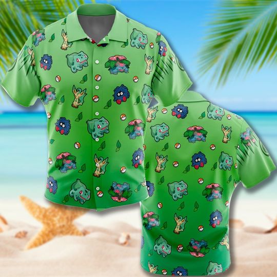 Discover Pocket Monster Aloha Shirt, Chibi Grass Type 3D All Over Printed Hawaiian Shirt