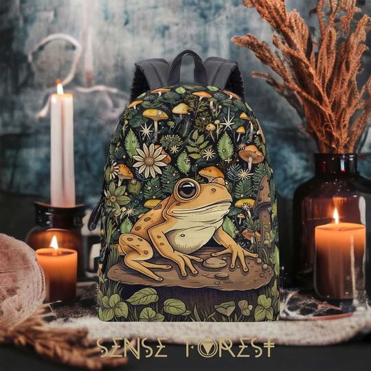 Discover Goblincore Yellow Toad mushroom forest backpack, back to school day pack
