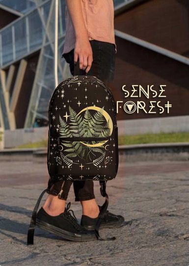 Discover Whimsigoth Moon stars celestial hiking backpack, Dark Cottagecore fern forest day pack