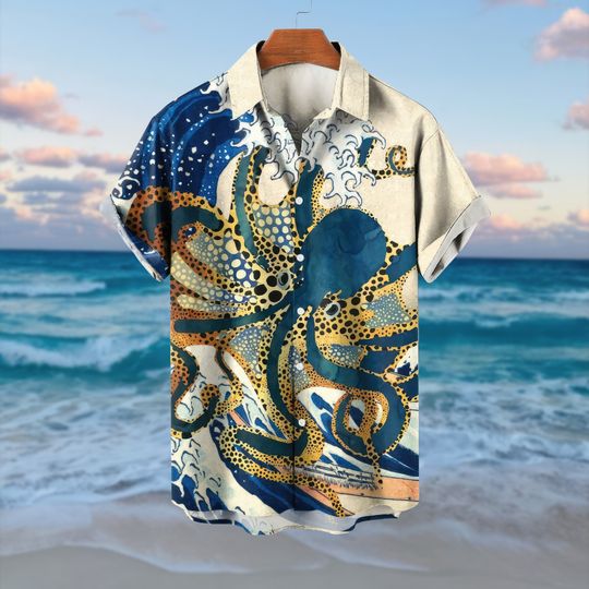 Discover Men's Hawaiian Shirts Japanese Style, Ukiyo-e Octopus Print Aloha Shirts