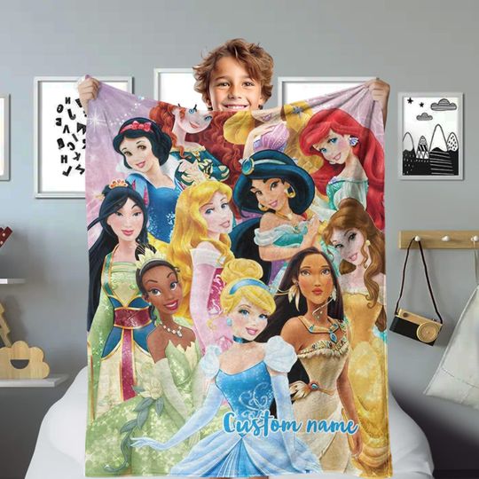 Discover Multiple Animated Princess Characters Blanket, Custom Name Mermaid Princess Fleece Blanket