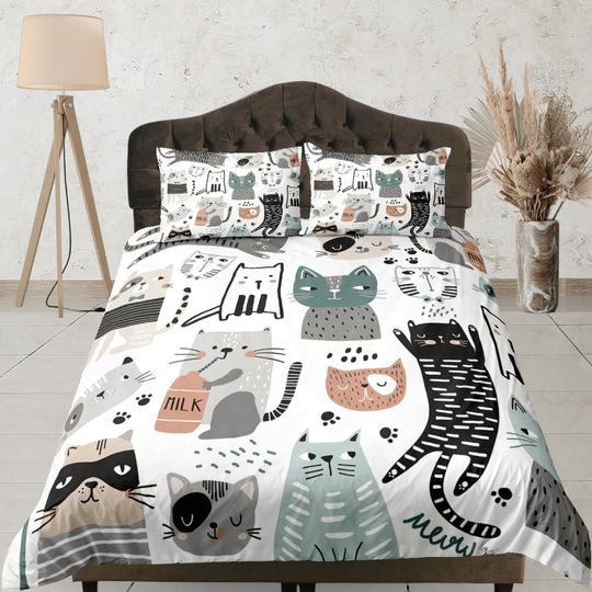 Discover Cute cat cotton duvet cover playful animals Bedding Set