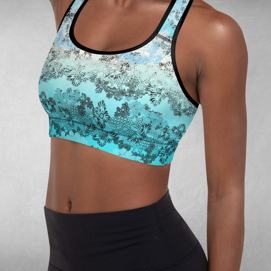 Discover Aqua Ombre Pattern Bra, Black Lace Print Exercise Bra