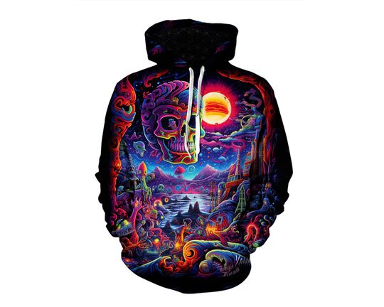 Discover Galactic Dreams Skull Pullover Hoodie - Cosmic Vibrant Landscape