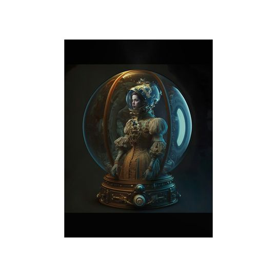 Discover Female Astronaut Wearing A Crystal Ball Helmet And Victorian Dress Premium Matte Vertical Poster
