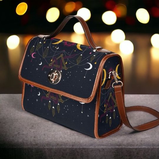 Discover Magical Sacred Print canvas Satchel Bag, Vegan Leather Handbag, Moon Phases Astrological Purse