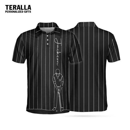 Discover Custom Name Black And White One Line Drawing Golfer Polo Shirt For Men