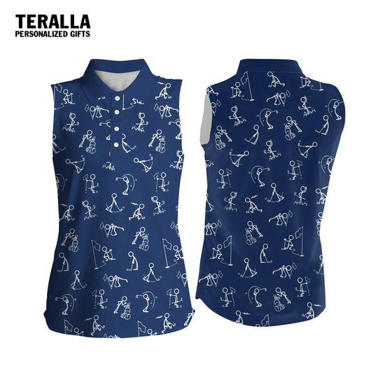 Discover Funny Golf Pattern Navy Blue Sleeveless Polo Shirt For Women