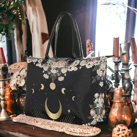 Discover Pale rose Crescent Moon phase Forest Witch Leather Bags