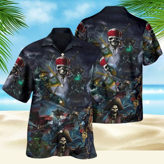 Discover Pirate Skeleton And Thunder Hawaiian Shirt, Vintage Pirate Treasure Map Shirt