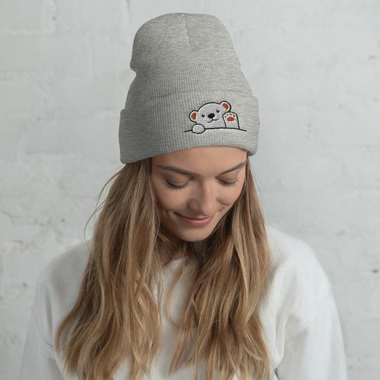 Discover Polar Bear Cuffed Beanie / Embroidered Knit Head-Warming Hat / Waving Paw Bear Winter
