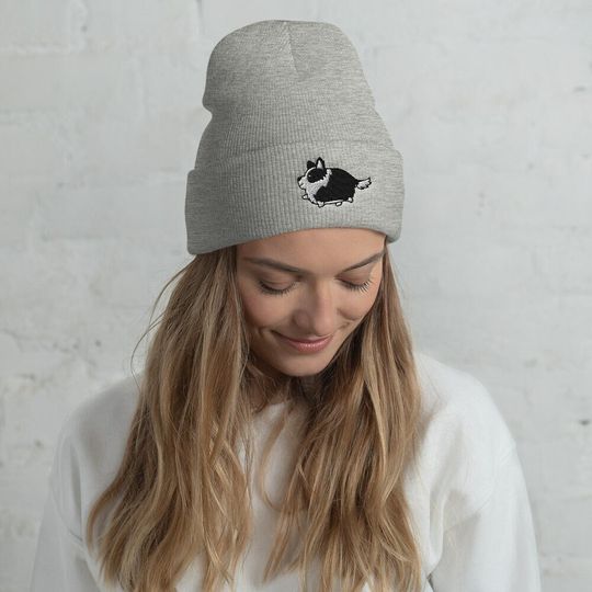 Discover Fat Border Collie Cuffed Beanie / Embroidered Knit Head-Warming Hat / Winter Kawaii Gift