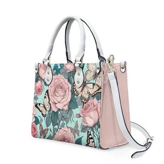 Discover Butterflies Roses Leather Bag, Animal Lover Handbag