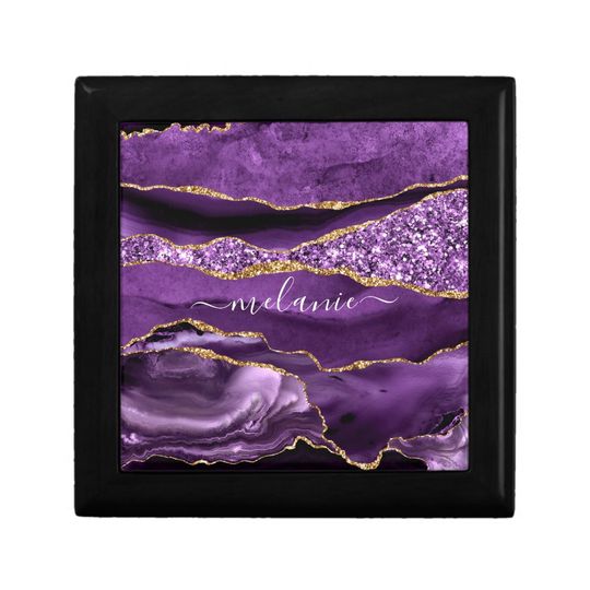 Discover Agate Purple Violet Gold Glitter Geode Custom Name Wooden Jewelry Keepsake Boxes