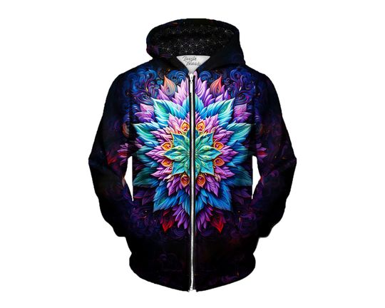Discover Colorful Mandala Zip Up Hoodies - Trippy Sacred Geometry Artwork - Cool Mandala Zip Hoodie