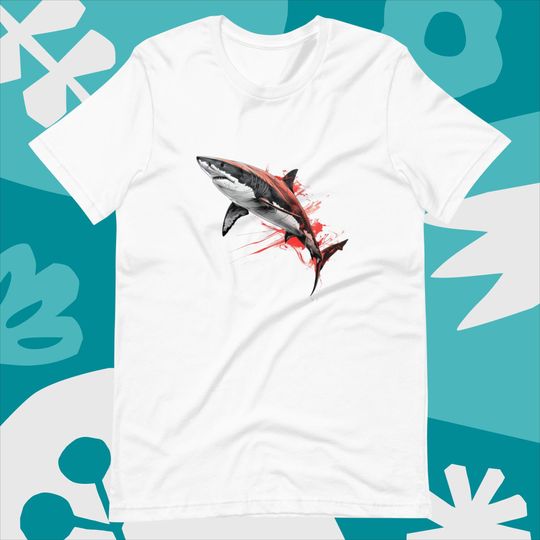 Discover Unisex T-shirt, Dynamic Red Splash Shark Art T-Shirt