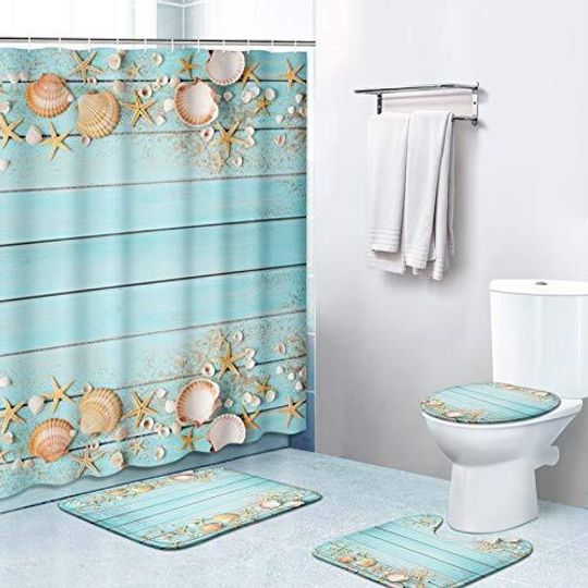 Discover 4 Piece Shower Curtain Sets Completo with Non-Slip Summer Seashells Sand Beach