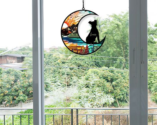 Discover Personalized Dog On Moon Acrylic Windows Hangings, Window Hanging Decor