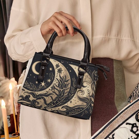 Discover Mini witchy floral moon printed vegan leather bag, double compartment crossbody bag