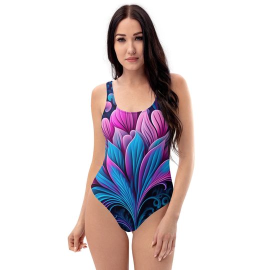 Discover Blue And Pink Flower Women's High Cut One Piece Swimsuit