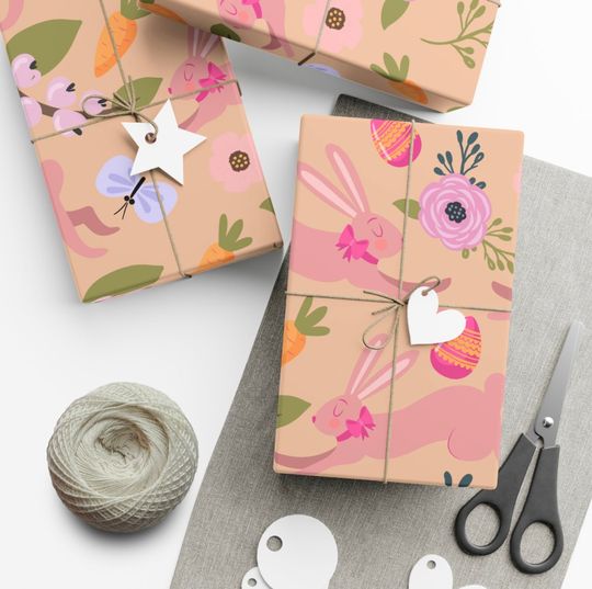 Discover Pink Bunny Peach Floral Wrapping Paper