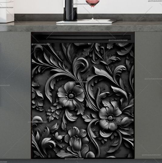 Discover Kitchen Dishwasher Cover - Black and Grey Metal Flowers