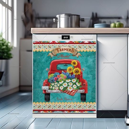Discover Kitchen Dishwasher Cover - Frontier Woman Flower Market Truck