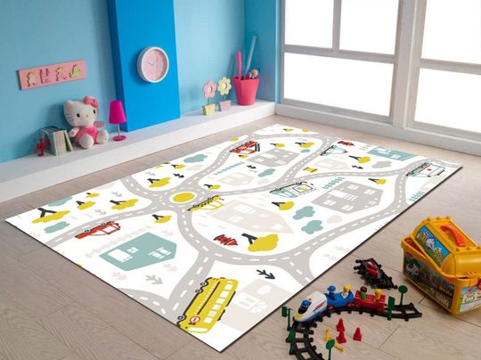 Discover Roadmap Play Mat, Blue Car Pattern Rug, Cute Soft Mat, Nursery Degisn Rug