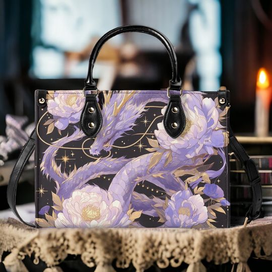 Discover Purple dragon Peony Japanese top handles Vegan leather Tote handbag