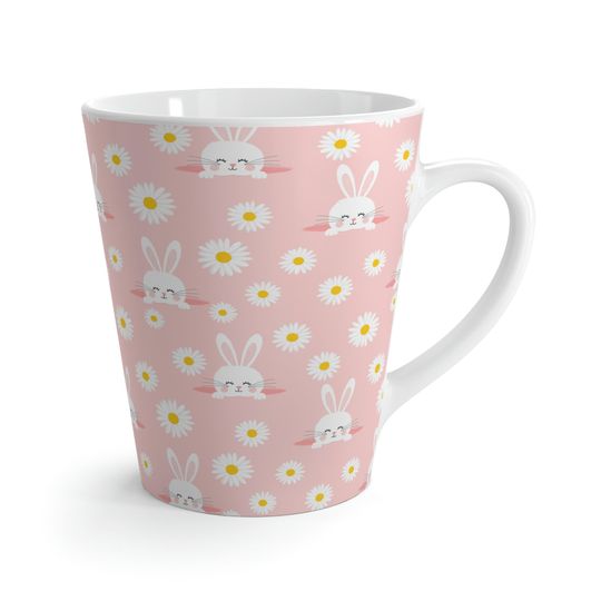 Discover Smiling Bunnies and Daisies Latte Mug, 12 oz