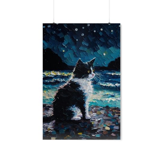 Discover Tuxedo Cat Art Starry Night Premium Matte Vertical Poster