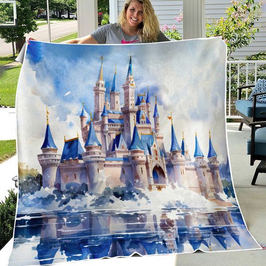 Discover Magical Kingdom Watercolor Castle Painting Warm Sherpa Blanket