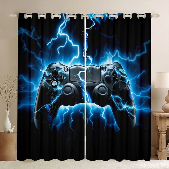 Discover Modern Game Pad Window Curtain Set, Blue Lightning Shining Glitter